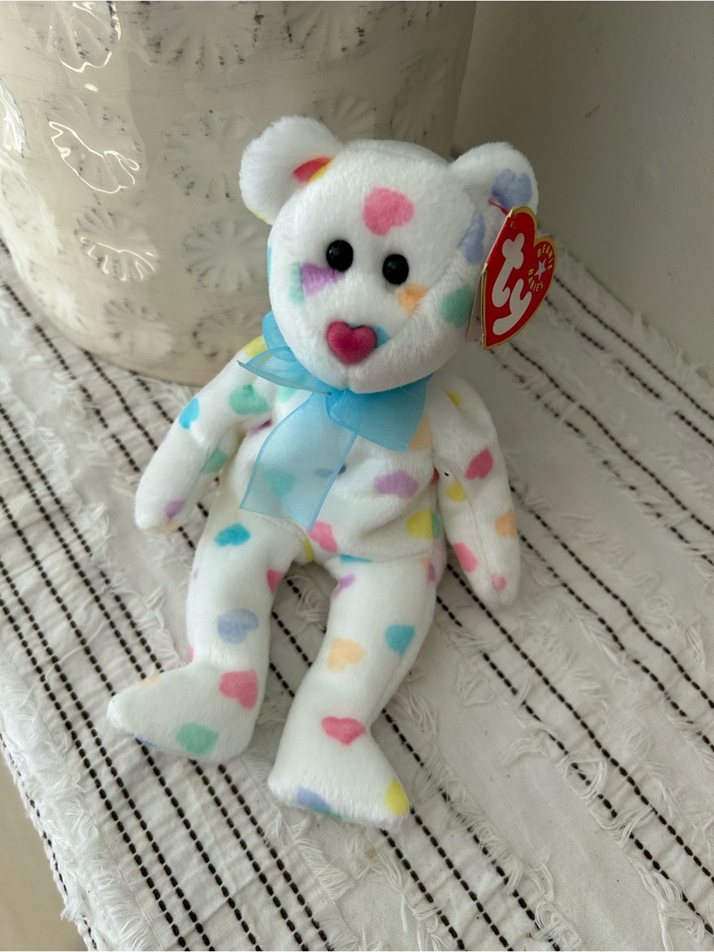 2001 Ty Kissme Beanie Baby White Heart-Print Plush Bear